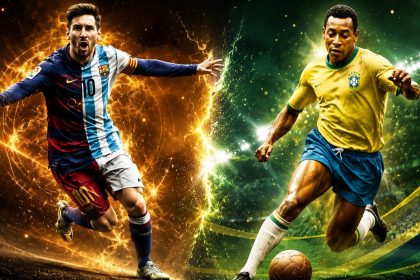 Digital artwork of Lionel Messi and Pelé running in Argentina and Brazil-style kits.