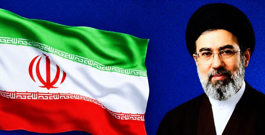 Iran’s Supreme Leader Mojtaba Khamenei appears beside a waving Iranian flag against a blue background.