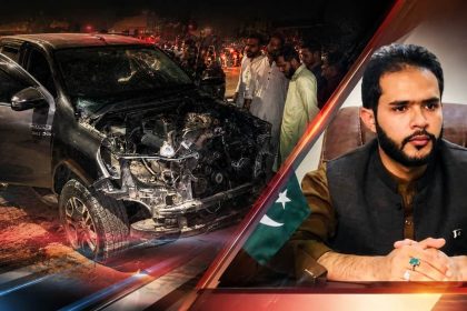 A damaged car is shown beside a portrait of Karachi Seaview hit-and-run suspect Nauman Ali Hikmat.