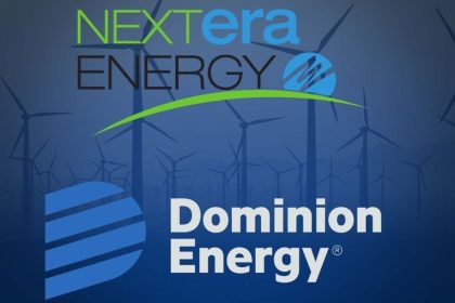 A graphic shows the NextEra Energy and Dominion Energy logos against a blue background with wind turbines.