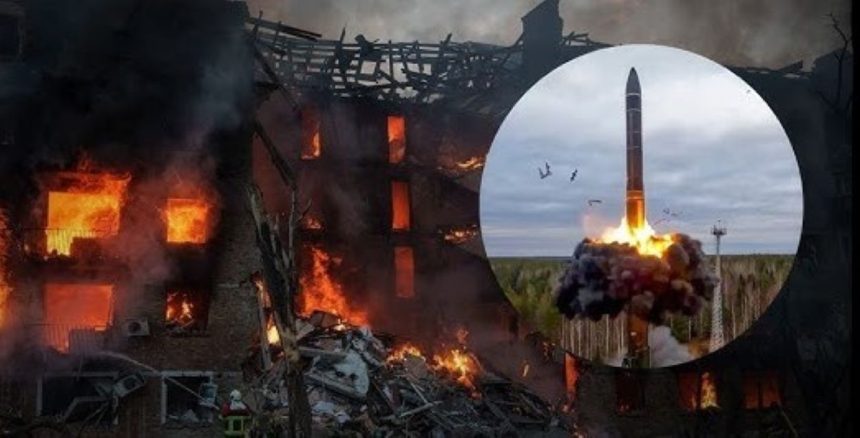 A damaged building burns with an inset image showing a ballistic missile launch linked to Russia’s Oreshnik missile.
