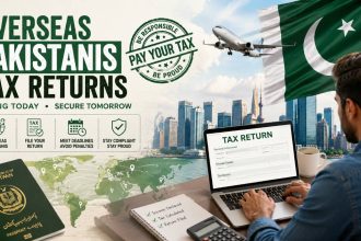Overseas Pakistanis tax returns graphic with a laptop, passport, Pakistan flag and travel imagery.