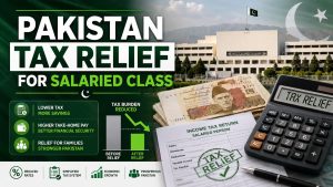 A graphic image shows Pakistan tax relief for salaried people with the National Assembly, Pakistani currency, a calculator and tax documents.