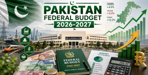 A graphic image shows Pakistan Federal Budget 2026-2027 text, the National Assembly, Pakistani currency and economic growth charts.