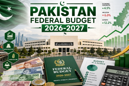 A graphic image shows Pakistan Federal Budget 2026-2027 text, the National Assembly, Pakistani currency and economic growth charts.