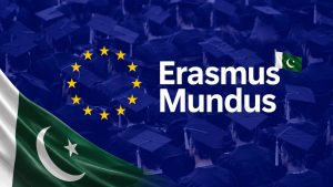 A graphic image shows Erasmus Mundus text with EU stars, graduates in caps and Pakistan’s flag.