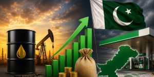 Pakistan flag, oil barrel, pumpjack, fuel station, green profit chart, coins, and currency notes in an economic illustration.