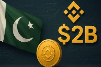 Pakistan’s flag appears beside the Binance logo, a gold crypto coin, and large “$2B” text on a digital finance background.