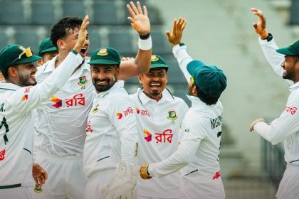 Bangladesh cricketers celebrate after taking a wicket during the Pakistan vs Bangladesh second Test match.