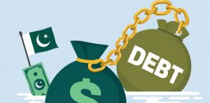 Illustration of a money bag chained to a debt bag with a Pakistan flag, green banknote and crescent-star coins.