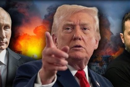 Vladimir Putin, Donald Trump, and Volodymyr Zelensky are shown in a composite news-style image, with Trump pointing forward and smoke and flames behind them.