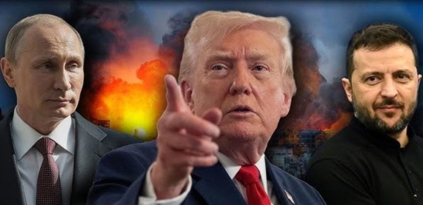 Vladimir Putin, Donald Trump, and Volodymyr Zelensky are shown in a composite news-style image, with Trump pointing forward and smoke and flames behind them.