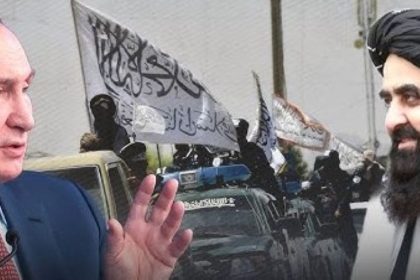 Russian President Vladimir Putin and Afghanistan’s Foreign Minister Amir Khan Muttaqi appear beside Taliban flags and vehicles in a news-style composite graphic.