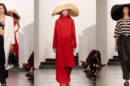 Models walk the Ralph Lauren runway wearing a white coat, a red outfit with a wide-brim hat, and a black-and-white striped look.
