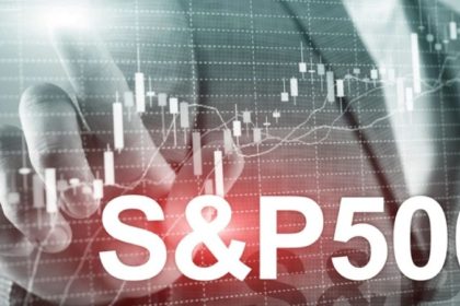 The text “S&P 500” appears over stock market candlestick charts and a person using a digital trading interface.