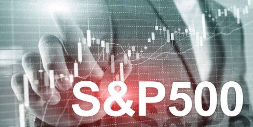 The text “S&P 500” appears over stock market candlestick charts and a person using a digital trading interface.