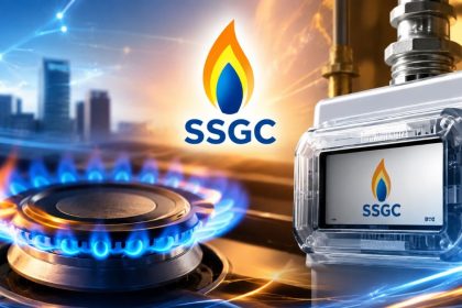 A graphic image shows the SSGC logo above a blue gas flame, smart gas meter and city skyline.