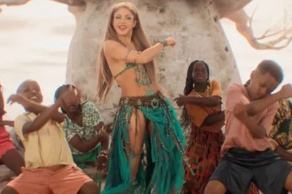 Shakira dances with a group of performers in a scene from the “Dai Dai” World Cup 2026 video