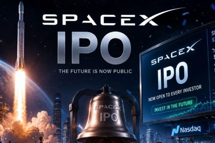 SpaceX IPO concept artwork featuring a rocket launch, stock market charts, Nasdaq-style display screens, and investors celebrating in a futuristic city setting.