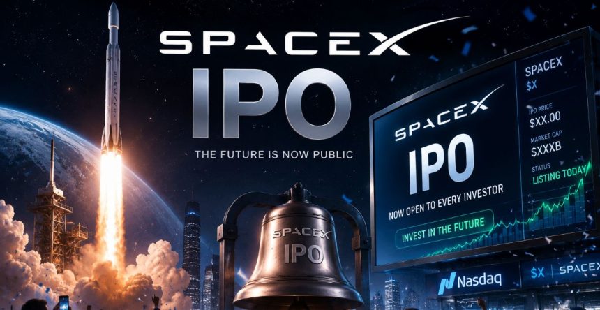 SpaceX IPO concept artwork featuring a rocket launch, stock market charts, Nasdaq-style display screens, and investors celebrating in a futuristic city setting.