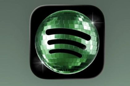 A green disco ball styled with the Spotify logo sits on a black rounded-square app icon background.