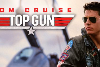 Tom Cruise appears in aviator sunglasses and a flight jacket beside the Top Gun logo, with a fighter jet blurred in the background.