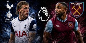 Tottenham and West Ham players face each other in a dramatic football graphic with their club logos and the Premier League logo.
