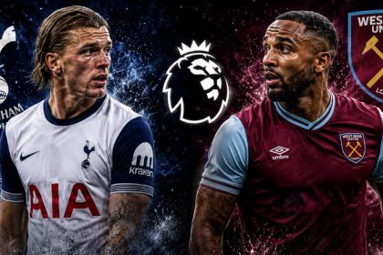Tottenham and West Ham players face each other in a dramatic football graphic with their club logos and the Premier League logo.