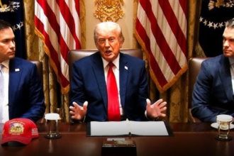 Donald Trump seated between Marco Rubio and Pete Hegseth during a formal meeting.