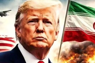 A graphic image shows Donald Trump with U.S. military jets, the American flag and Iran’s flag amid a fiery background.