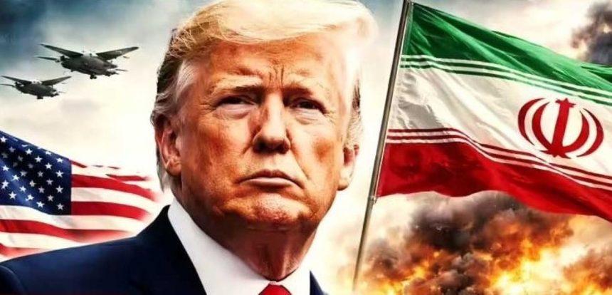 A graphic image shows Donald Trump with U.S. military jets, the American flag and Iran’s flag amid a fiery background.