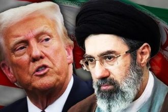 Composite image of US President Donald Trump and Iran’s Supreme Leader Mojtaba Khamenei against the US and Iranian flags.