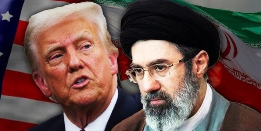 Composite image of US President Donald Trump and Iran’s Supreme Leader Mojtaba Khamenei against the US and Iranian flags.