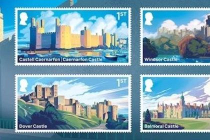 Four UK first-class stamps show illustrated views of Caernarfon Castle, Windsor Castle, Dover Castle and Balmoral Castle.