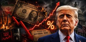 Donald Trump appears beside a burning dollar bill, rising interest-rate chart, oil barrel, missiles and U.S. debt imagery.