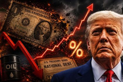 Donald Trump appears beside a burning dollar bill, rising interest-rate chart, oil barrel, missiles and U.S. debt imagery.