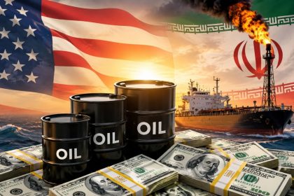 A graphic image shows oil barrels, U.S. dollars, a tanker and a flare tower with U.S. and Iranian flags in the background.