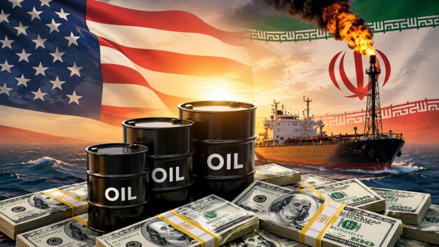 A graphic image shows oil barrels, U.S. dollars, a tanker and a flare tower with U.S. and Iranian flags in the background.