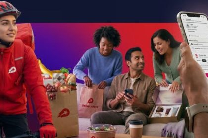 A delivery rider, customers, grocery bags, and a smartphone app appear in a Delivery Hero promotional-style graphic.