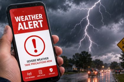 Image shows a hand holds a smartphone showing a weather alert while lightning flashes over a rainy road with a storm warning sign nearby.
