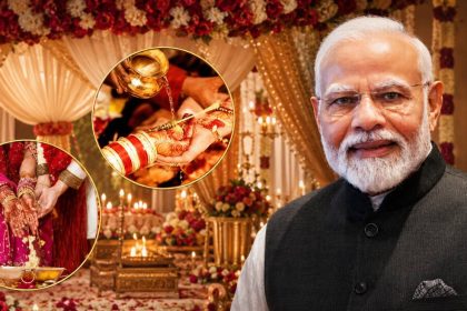 Narendra Modi is shown beside Indian wedding ceremony visuals, including floral décor, bridal hands, bangles, and ritual items.