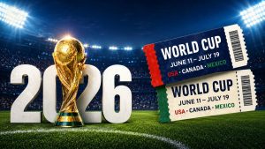 A 2026 World Cup graphic shows the trophy beside two tournament tickets on a brightly lit soccer field.