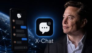 Elon Musk beside a smartphone showing a dark-mode chat interface with the X-Chat logo.