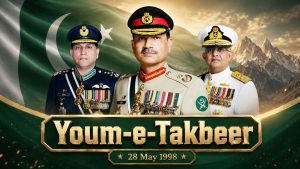 Field Marshal Syed Asim Munir standing between Air Chief Marshal Zaheer Ahmad Babar Sidhu and Admiral Naveed Ashraf in a Youm-e-Takbeer graphic.