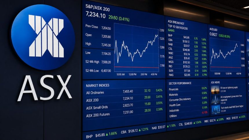 ASX market display showing S&P/ASX 200 charts, prices and sector performance.
