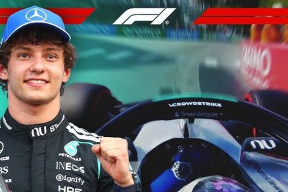 Mercedes Formula 1 driver in team suit and cap beside an F1 cockpit graphic.