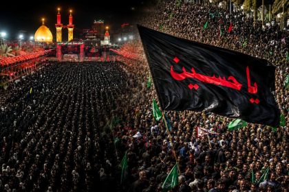 Ashura processions showing large crowds of mourners carrying religious flags.