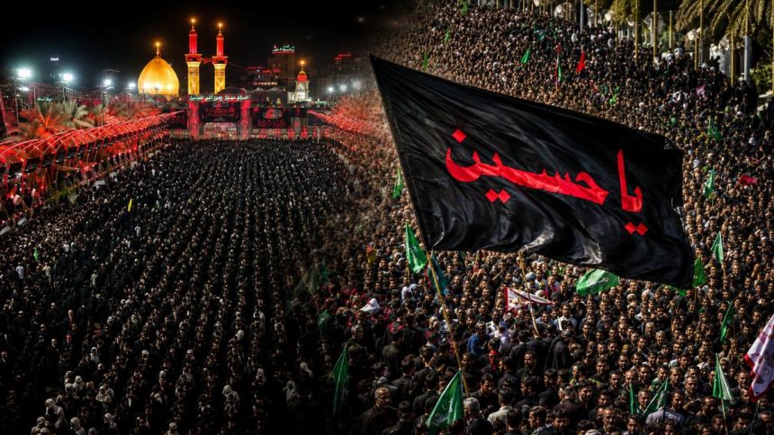 Ashura processions showing large crowds of mourners carrying religious flags.