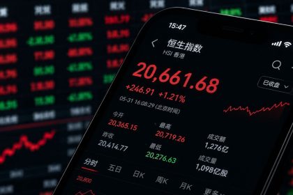 Smartphone showing Asian stock market index data with red and green trading figures in the background.