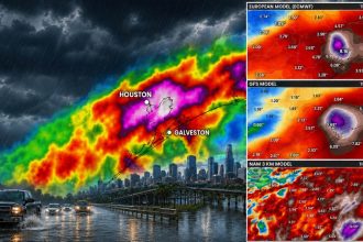 Weather model collage showing American, European, NAM 3 KM and GRAF rainfall forecasts with heavy rain totals over Southeast Texas.